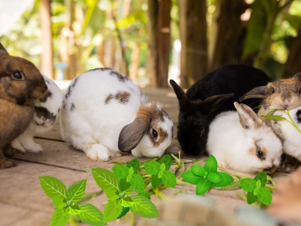 Rabbits eating mint leaves