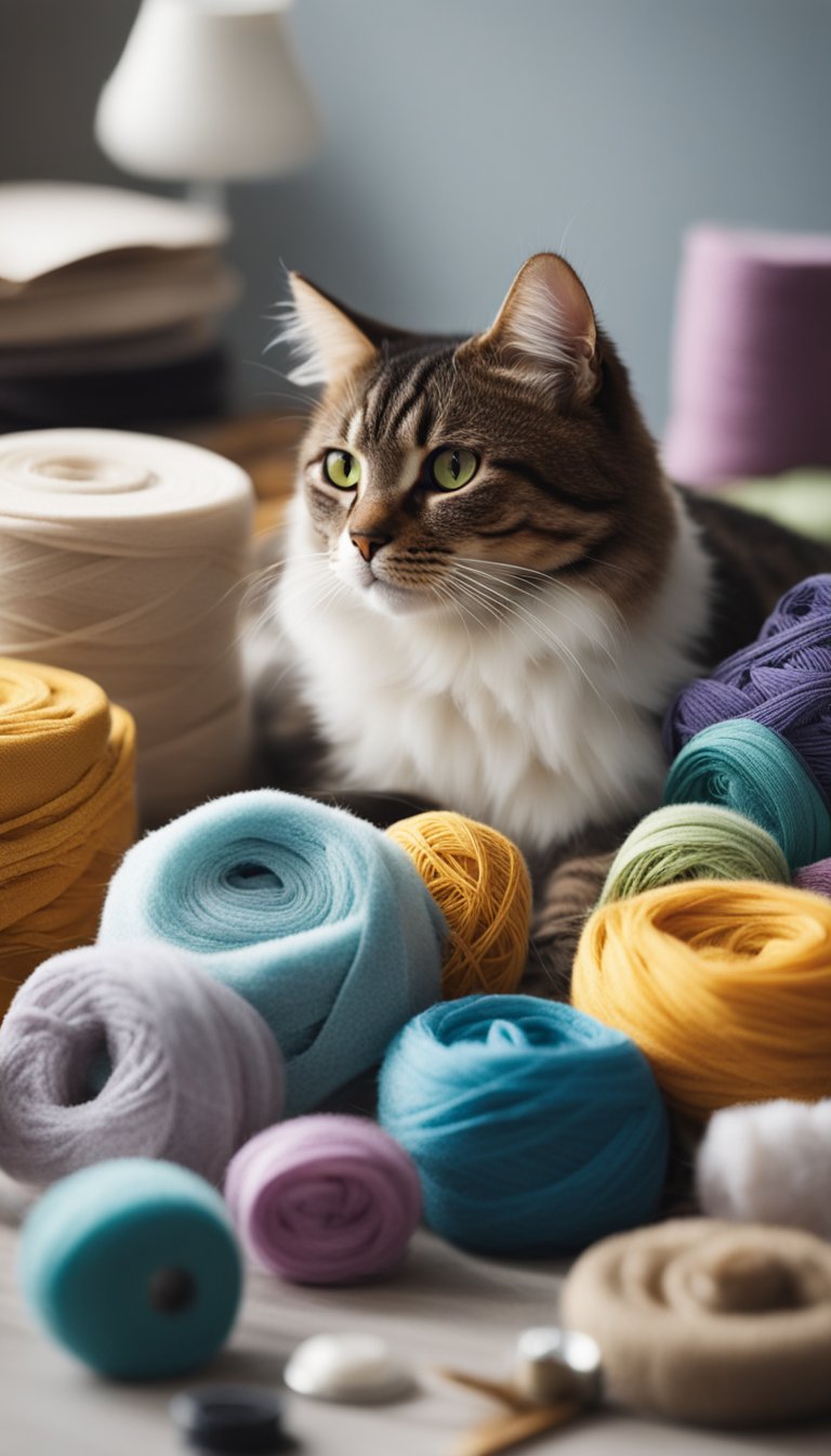 A pile of soft fabric, a sewing kit, and fluffy stuffing arranged on a table. A cat lounges nearby, eyeing the materials with curiosity