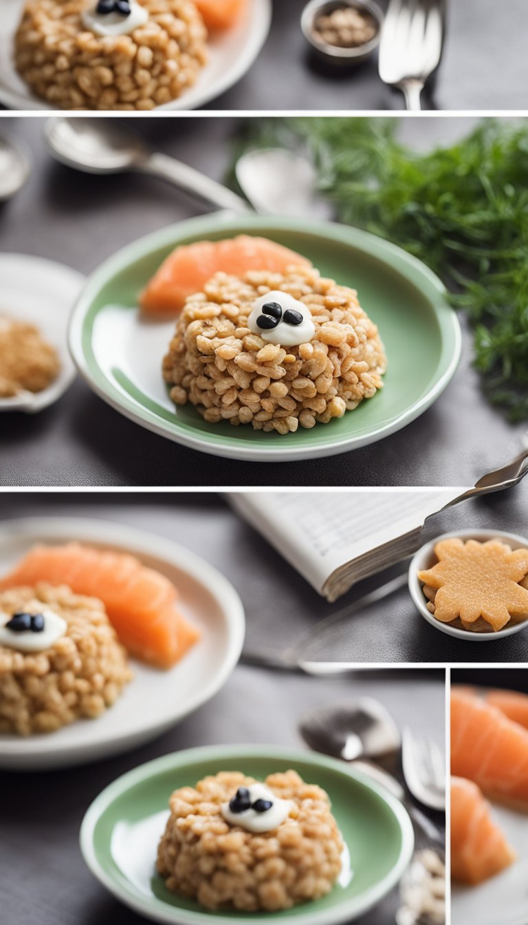 A cat eagerly munches on homemade salmon and oat snacks, placed on a cute paw-printed plate. Ingredients and a recipe book sit nearby