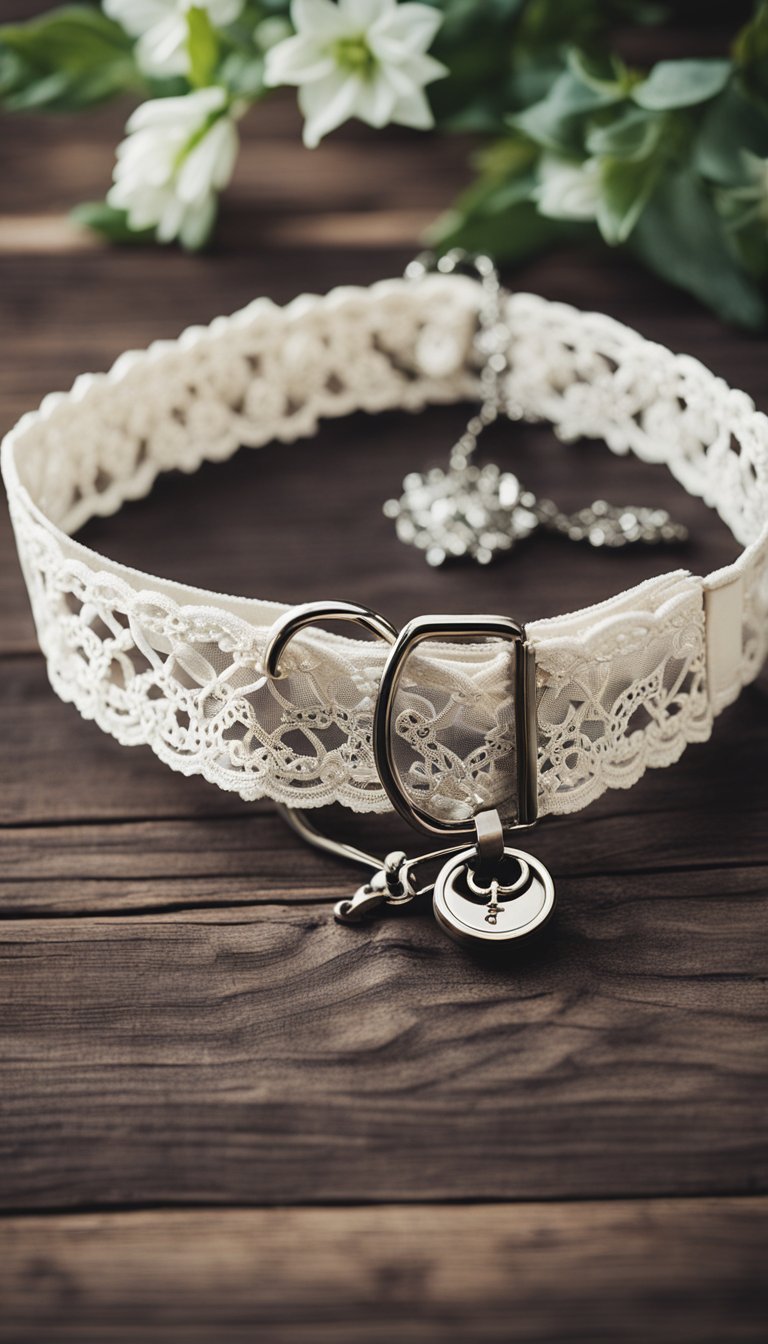 A vintage lace collar adorned with personalized DIY cat collars, laid out on a rustic wooden table