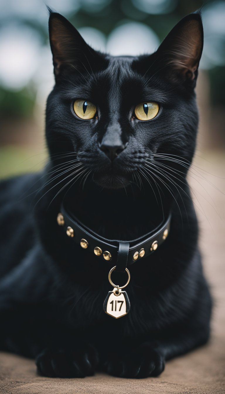 A sleek black cat wearing a personalized leather studded collar with the number 71, standing proudly with a confident posture