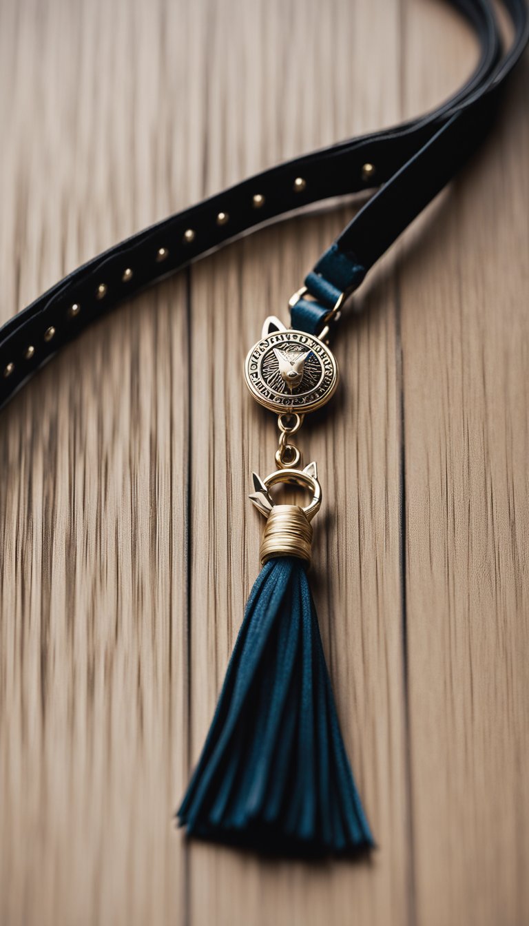 A personalized DIY cat collar with a suede tassel hanging from a 71-shaped charm