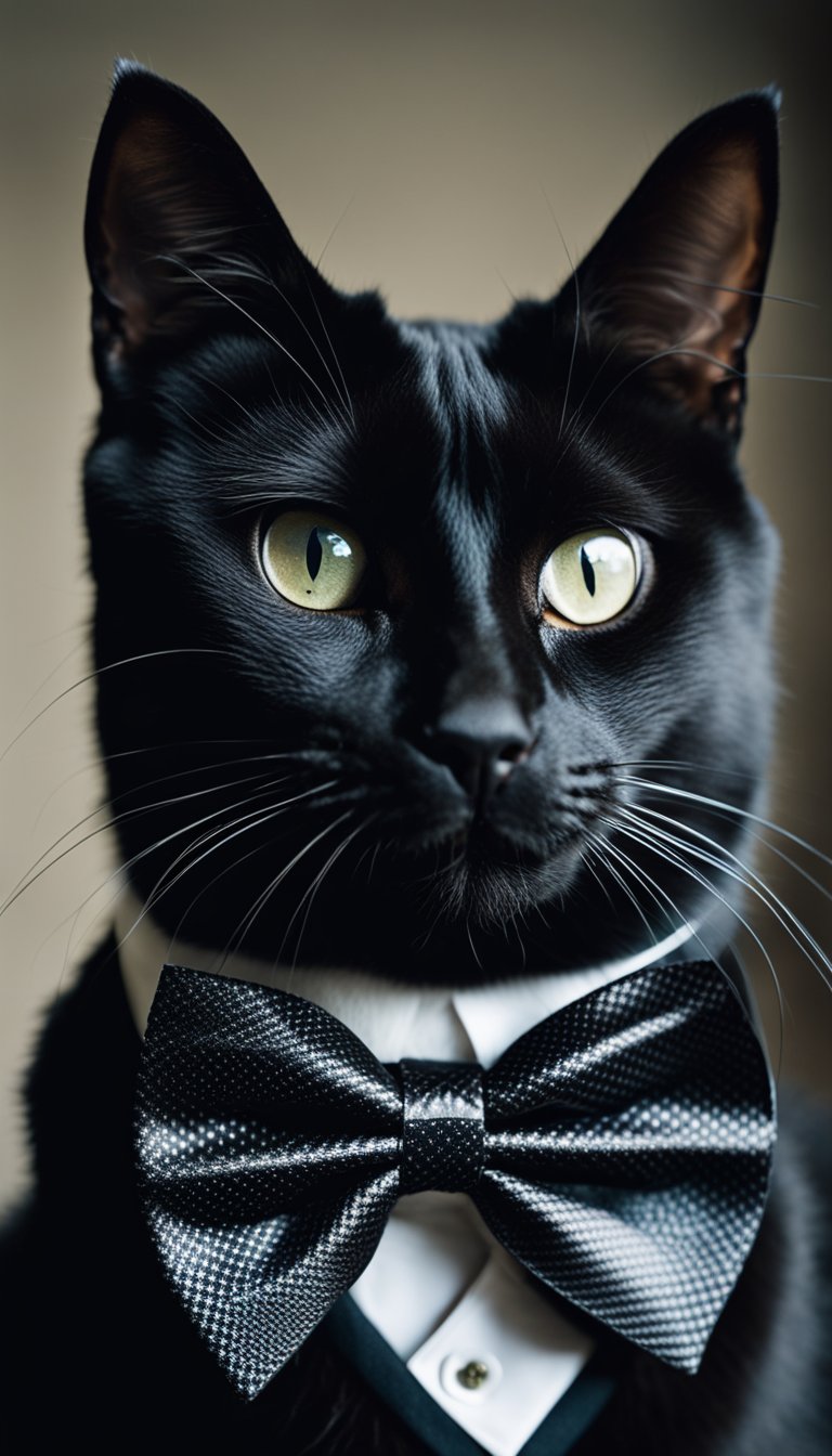 A sleek black cat with a personalized DIY bowtie collar, sitting proudly with a confident posture