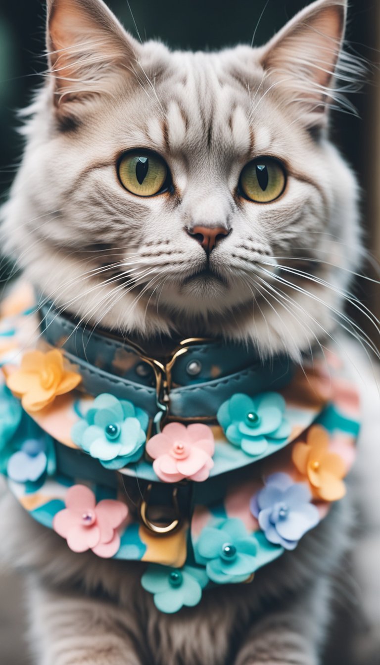 A fluffy cat wearing a personalized DIY collar with watercolor pastel designs