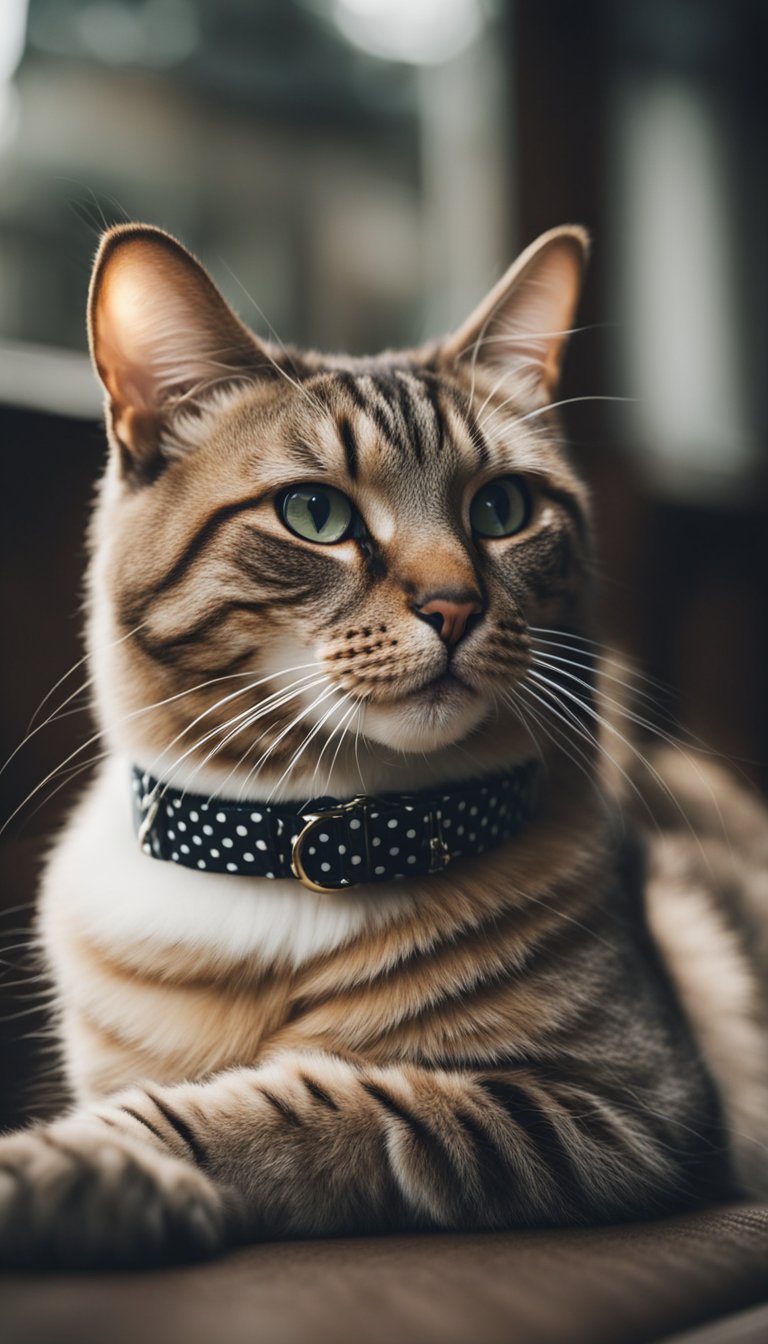 A cat wearing a retro polka dot collar with the number 71, personalized DIY cat collars