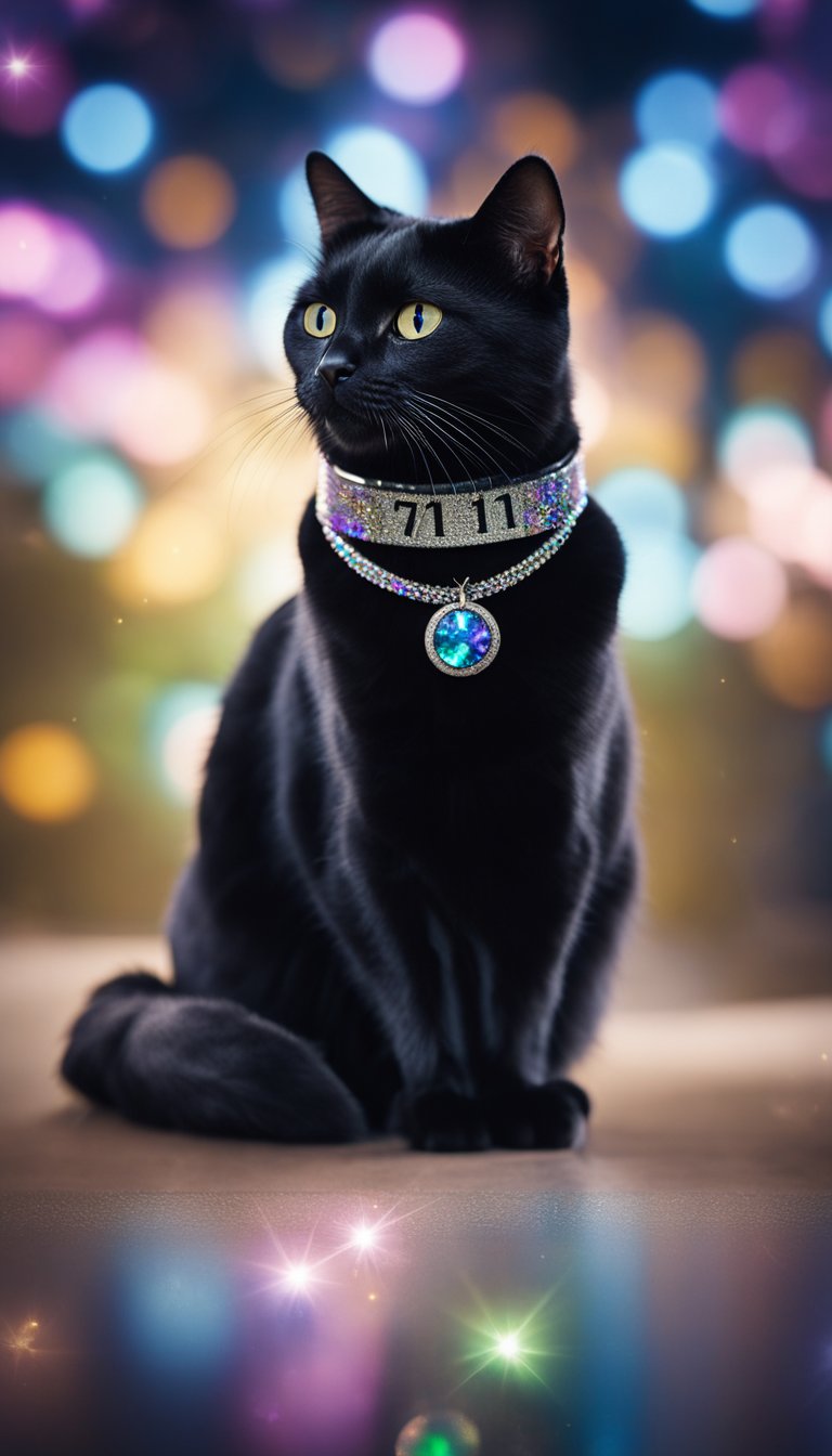 A sleek black cat wearing a holographic sparkle collar with the number 71 engraved, surrounded by DIY cat collars in various colors and designs