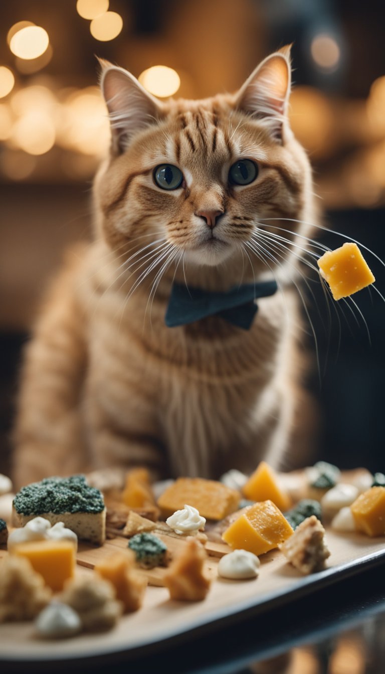 A cat eagerly munches on homemade fish-shaped treats on a whimsical, cheese-themed platter