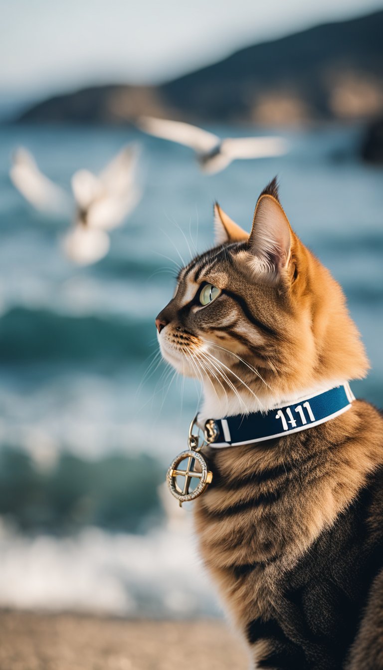 A cat wearing a personalized nautical anchor collar, with the number 71, against a backdrop of ocean waves and seagulls