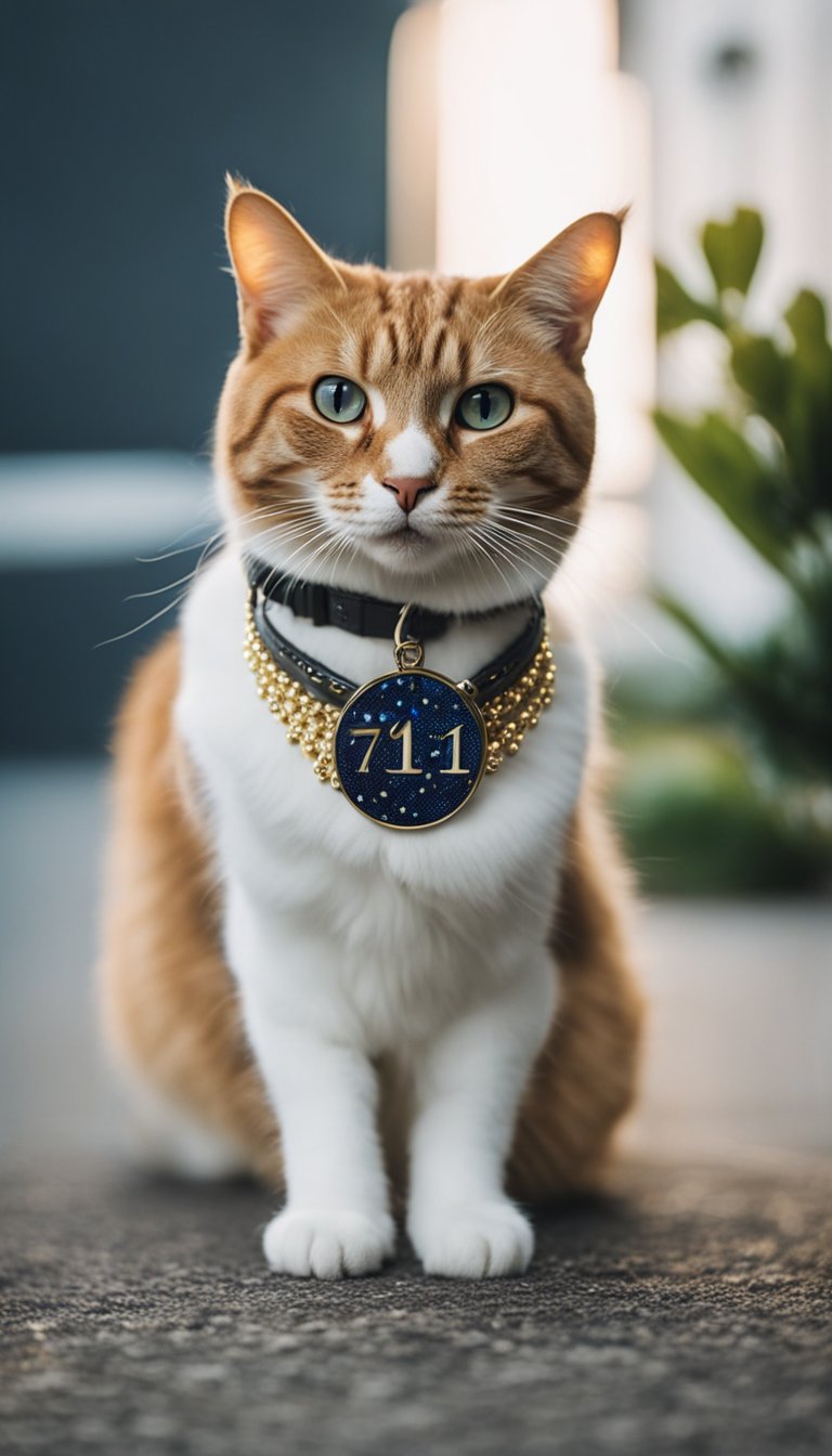 A cat wearing a personalized charm collar with the number 71, surrounded by DIY cat collars with various designs and colors