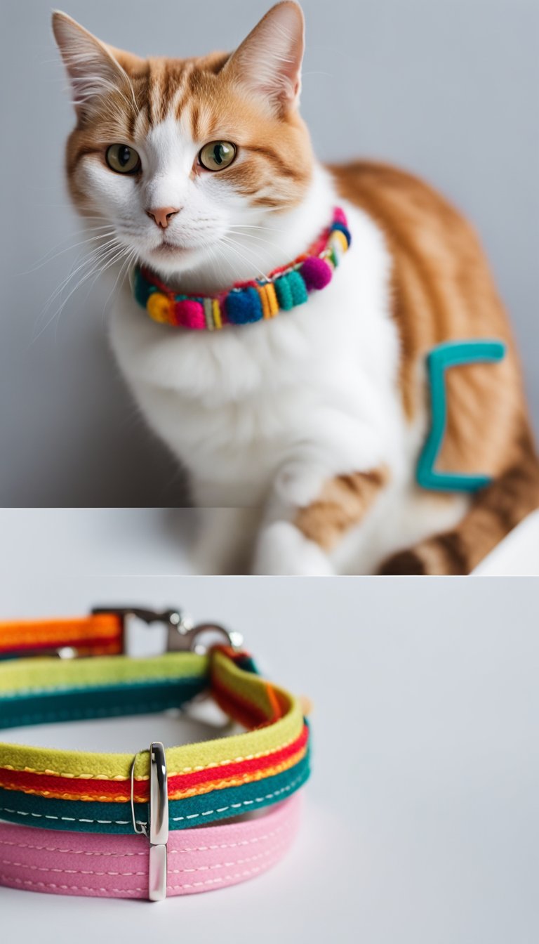 A hand-stitched felt collar with personalized DIY cat collars displayed on a clean, white surface with colorful threads and small embellishments nearby