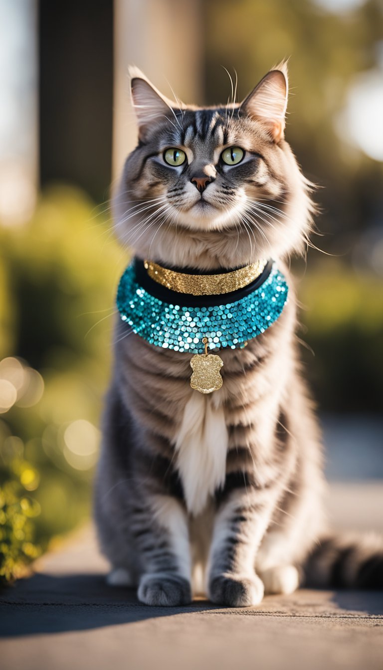 A regal cat with a personalized sequin glam collar, surrounded by DIY cat collars in various colors and designs