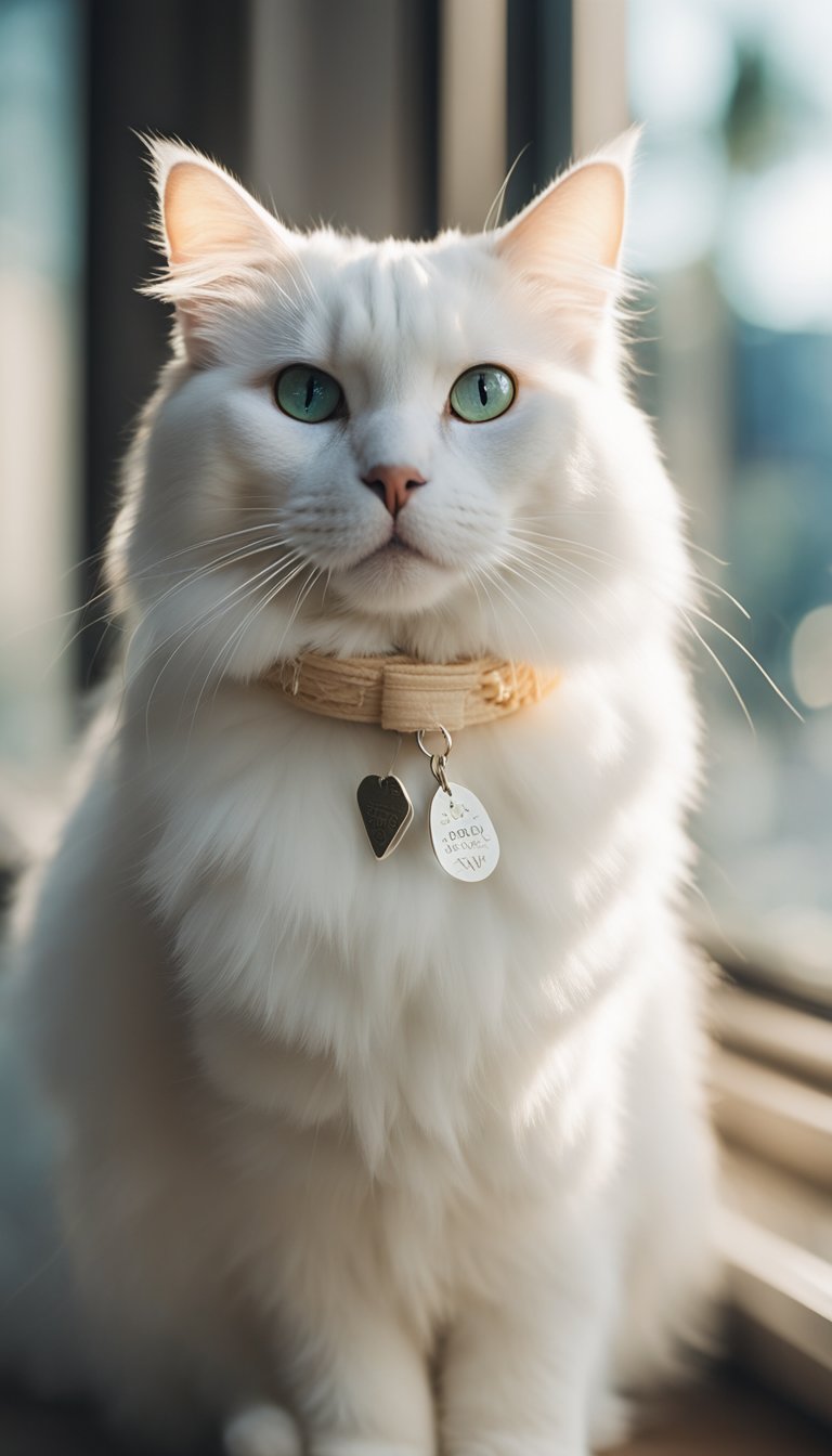 A fluffy white cat wearing a pastel ice cream collar with a personalized tag, sitting in a sunny window