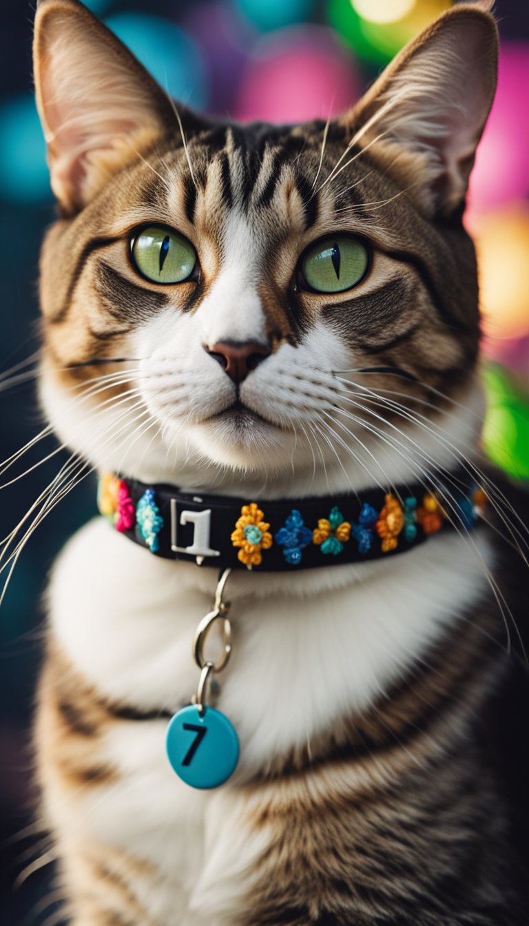 A cat wearing a custom embroidered collar with the number 71, surrounded by personalized DIY cat collars of various colors and designs