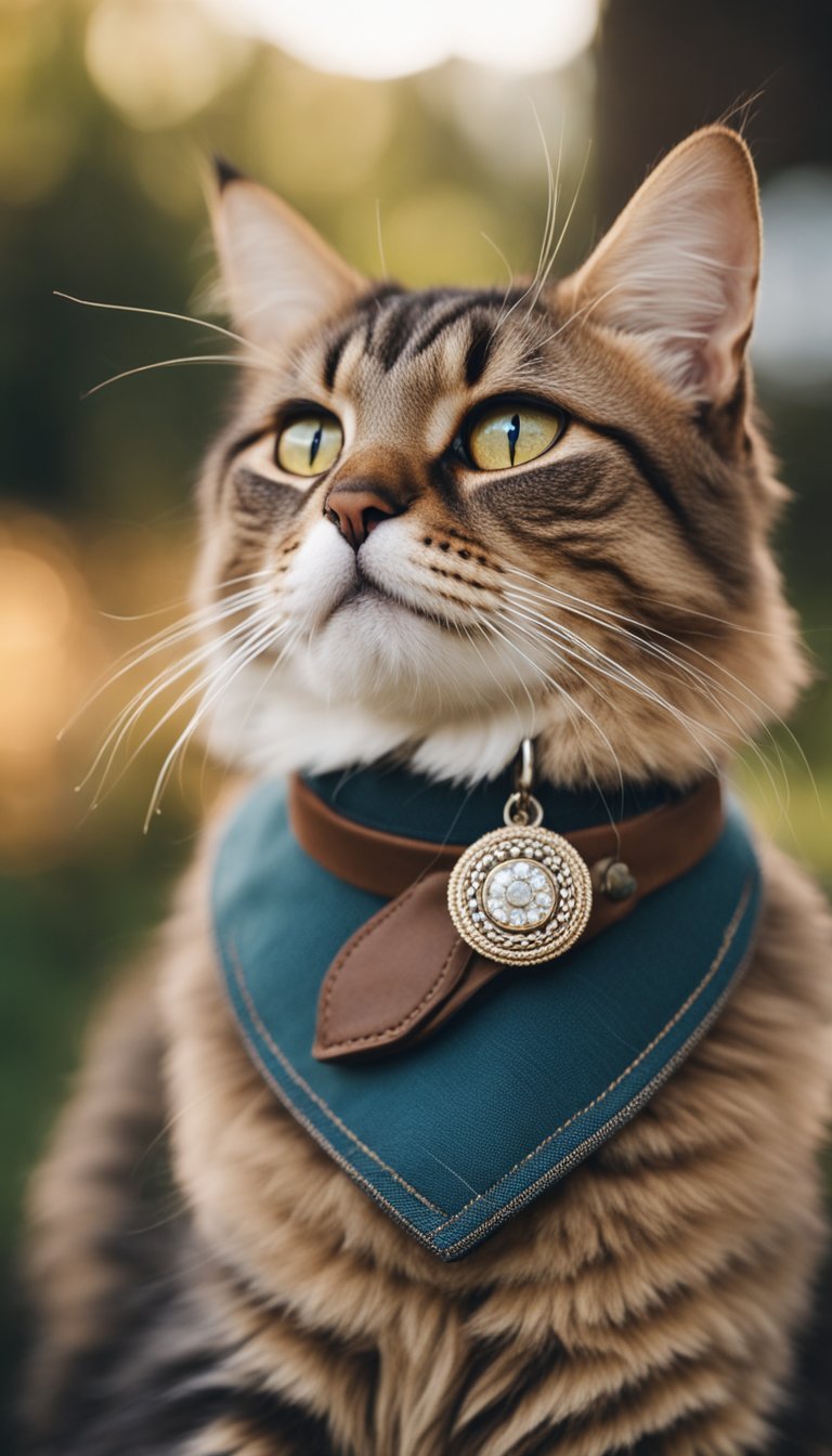 A brown burlap collar with personalized embroidery, adorned with rustic charms, on a fluffy cat's neck