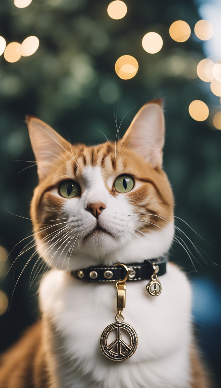 A cat wearing a personalized DIY collar with a peace sign charm, set against a simple background