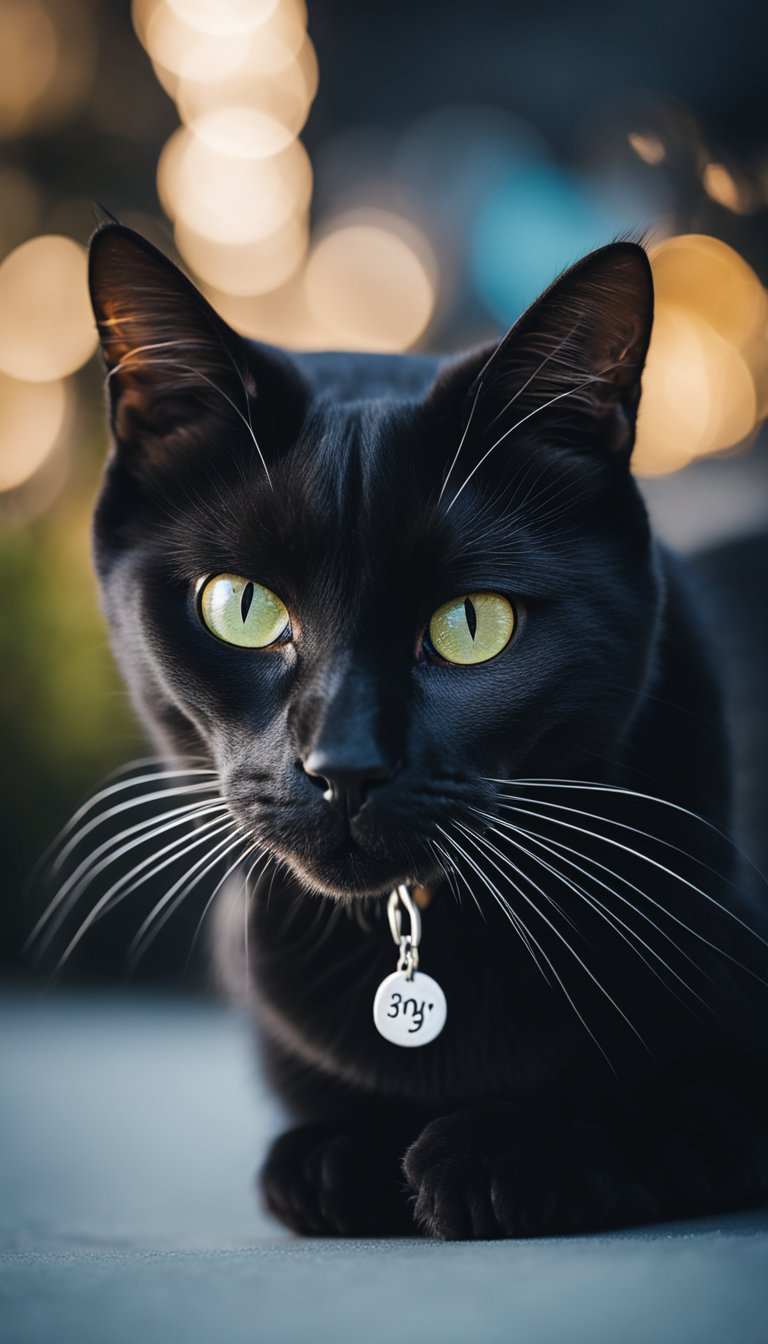 A black cat wearing a galaxy print collar with a personalized DIY tag