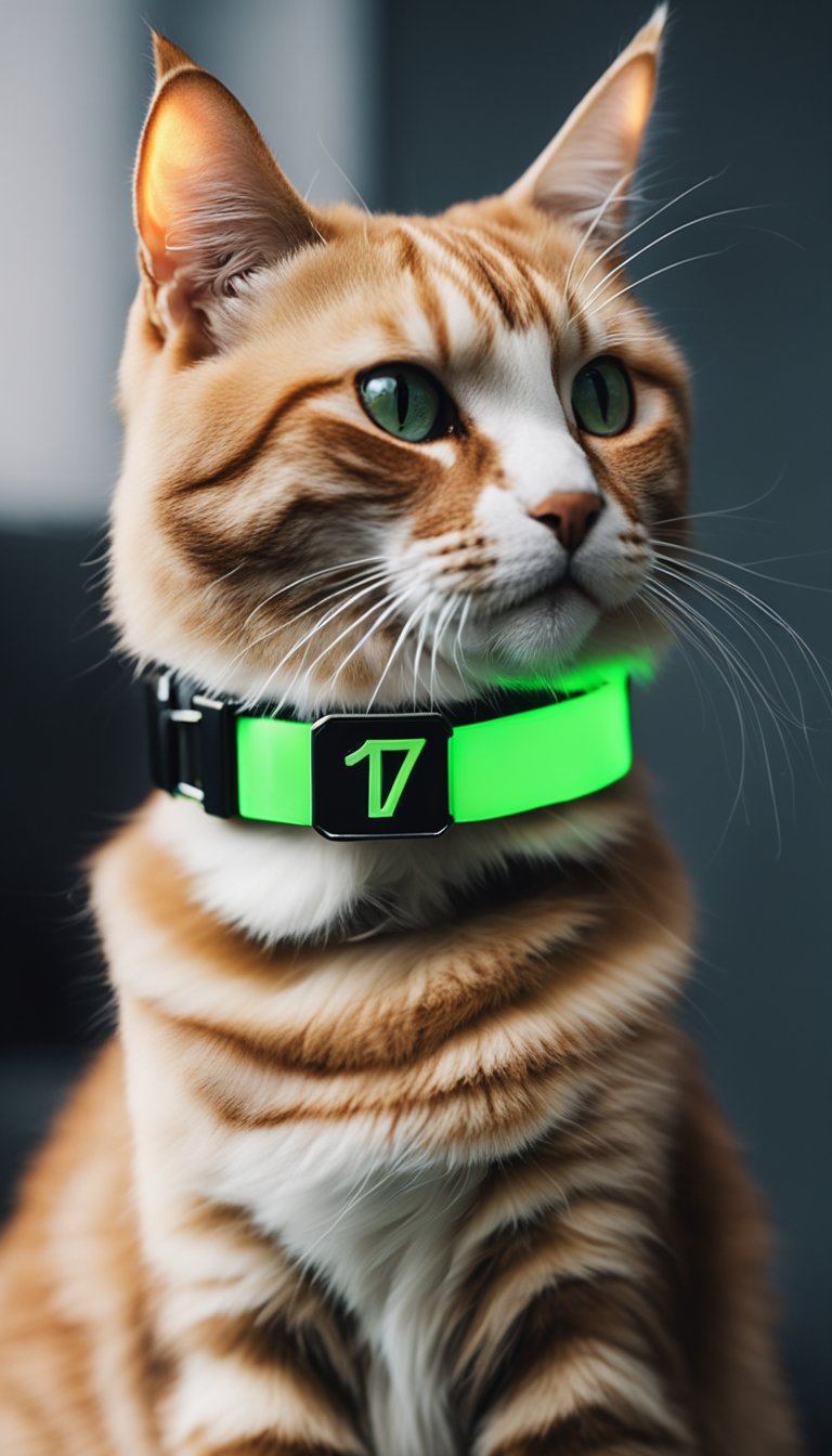 A cat wearing a bright neon collar with the number 71 personalized on it