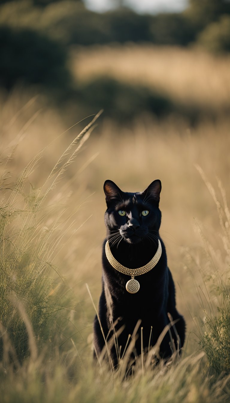 A sleek black cat with a personalized safari animal print collar, standing confidently in the grassy savanna, with a majestic lion in the background