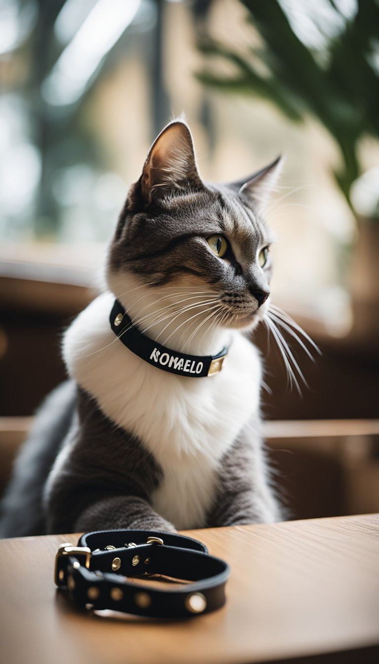 A personalized name tag collar with DIY cat collars displayed on a table