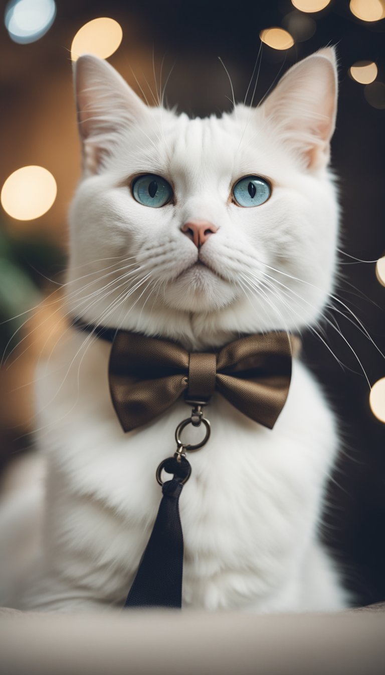 A white cat wearing a personalized linen bow collar with the number 71, surrounded by DIY cat collars