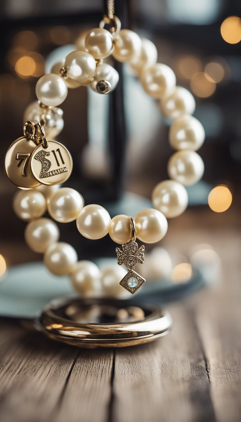 A vintage pearl collar with "71" charm hangs on a table next to DIY cat collar materials