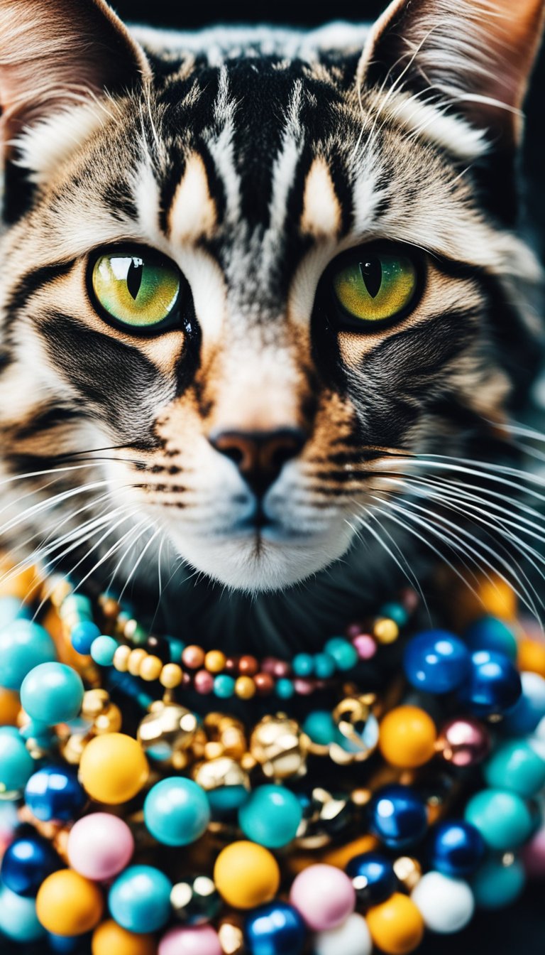 A colorful beaded collar adorned with custom designs for a cat, featuring personalized DIY details