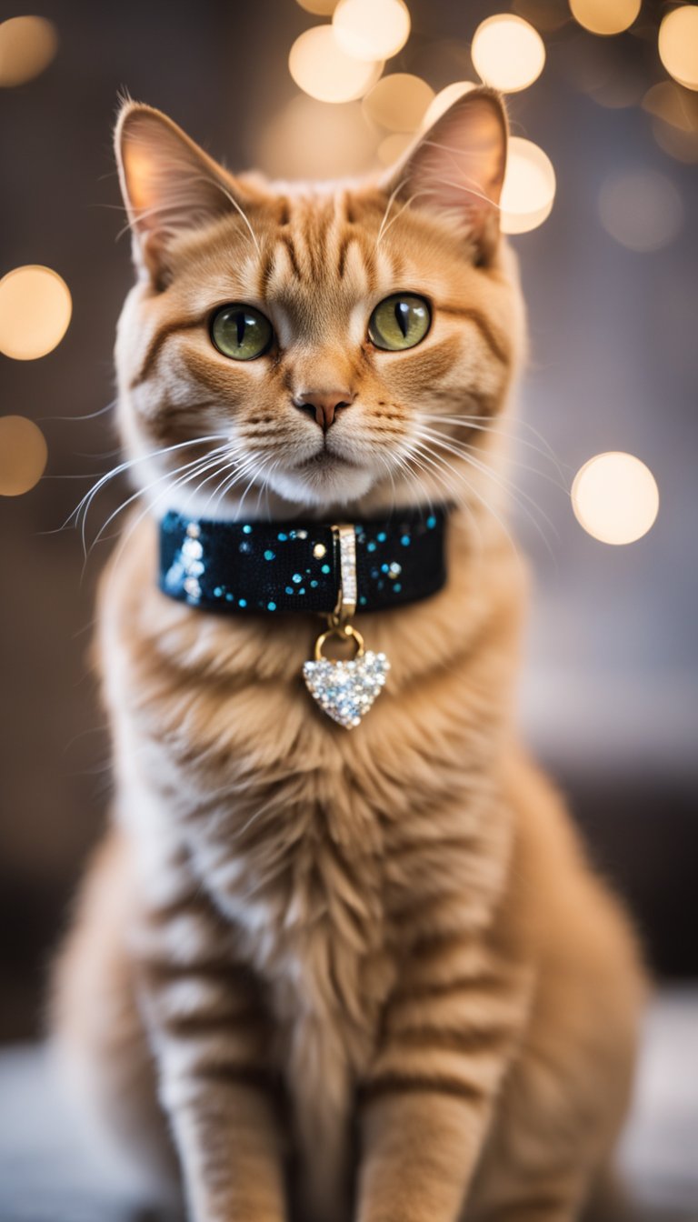 A cat wearing a personalized DIY collar with sparkling glitter and the number 71