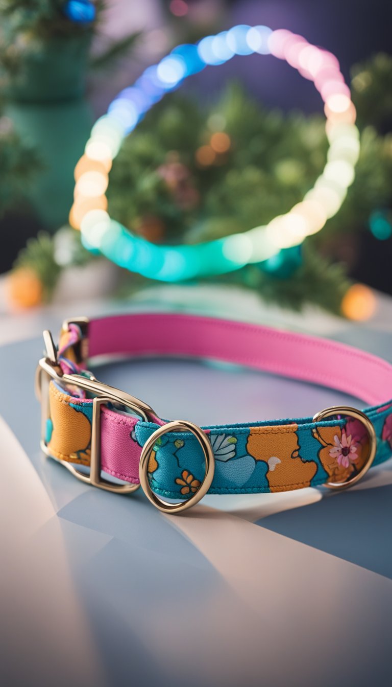 A fluffy cloud collar with a personalized DIY cat collar, adorned with playful and colorful designs, hanging on a display rack