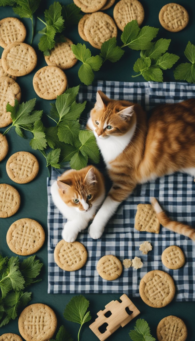 A cat eagerly munches on homemade catnip cookies placed on a patterned mat, surrounded by scattered catnip leaves and a rolling pin