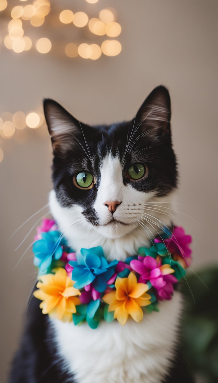 A colorful Hawaiian lei collar draped around a cat's neck, with a personalized tag attached