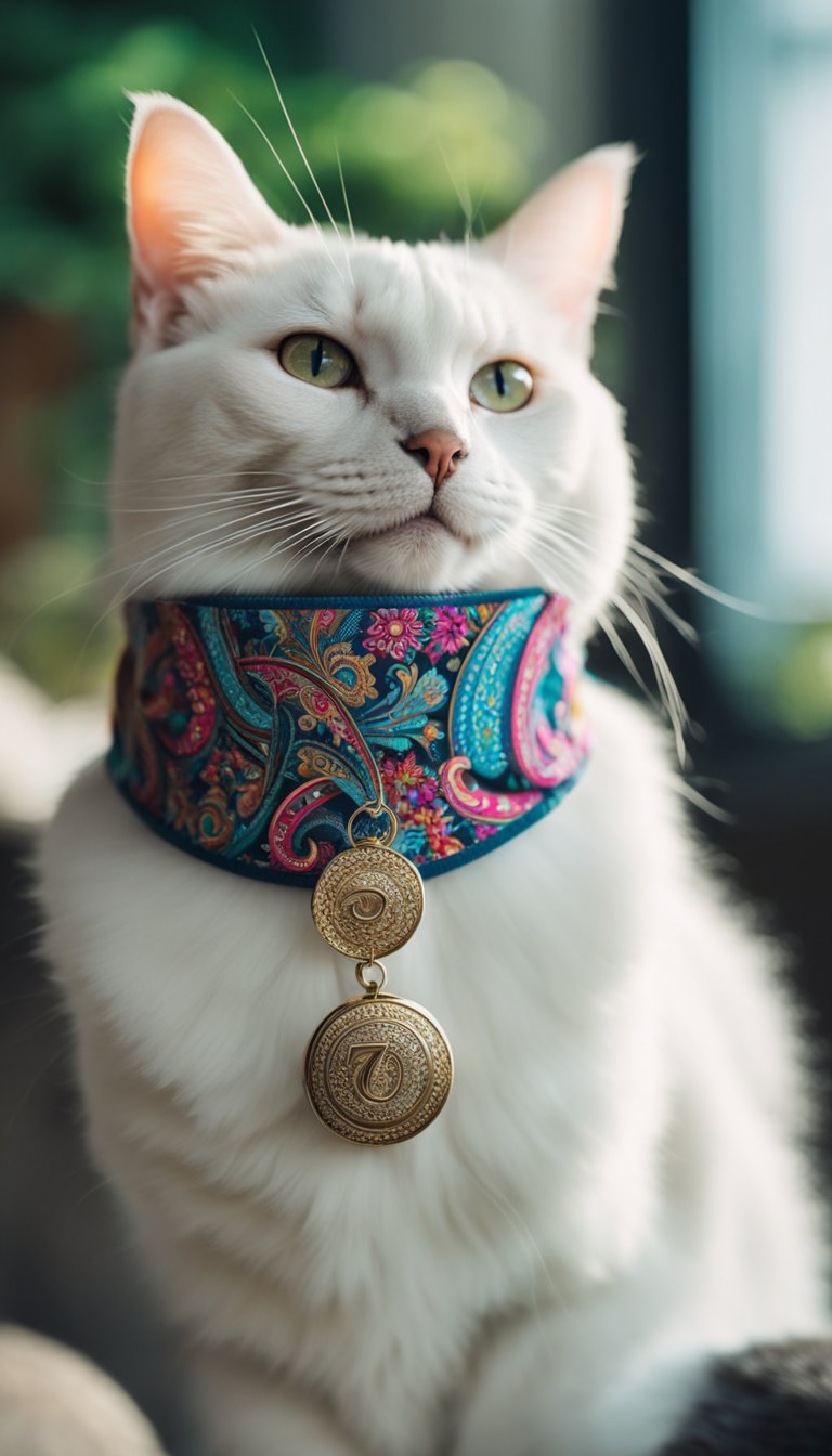 A colorful paisley collar encircles a cat's neck, personalized with the number 71. The cat collar is being assembled in a DIY fashion