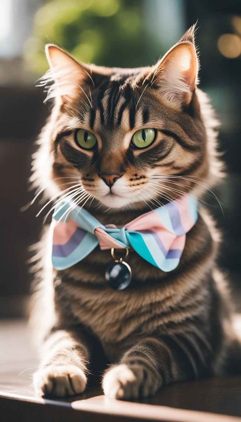 A cat wearing a pastel chevron collar with a personalized tag, surrounded by DIY cat collars in various colors and patterns