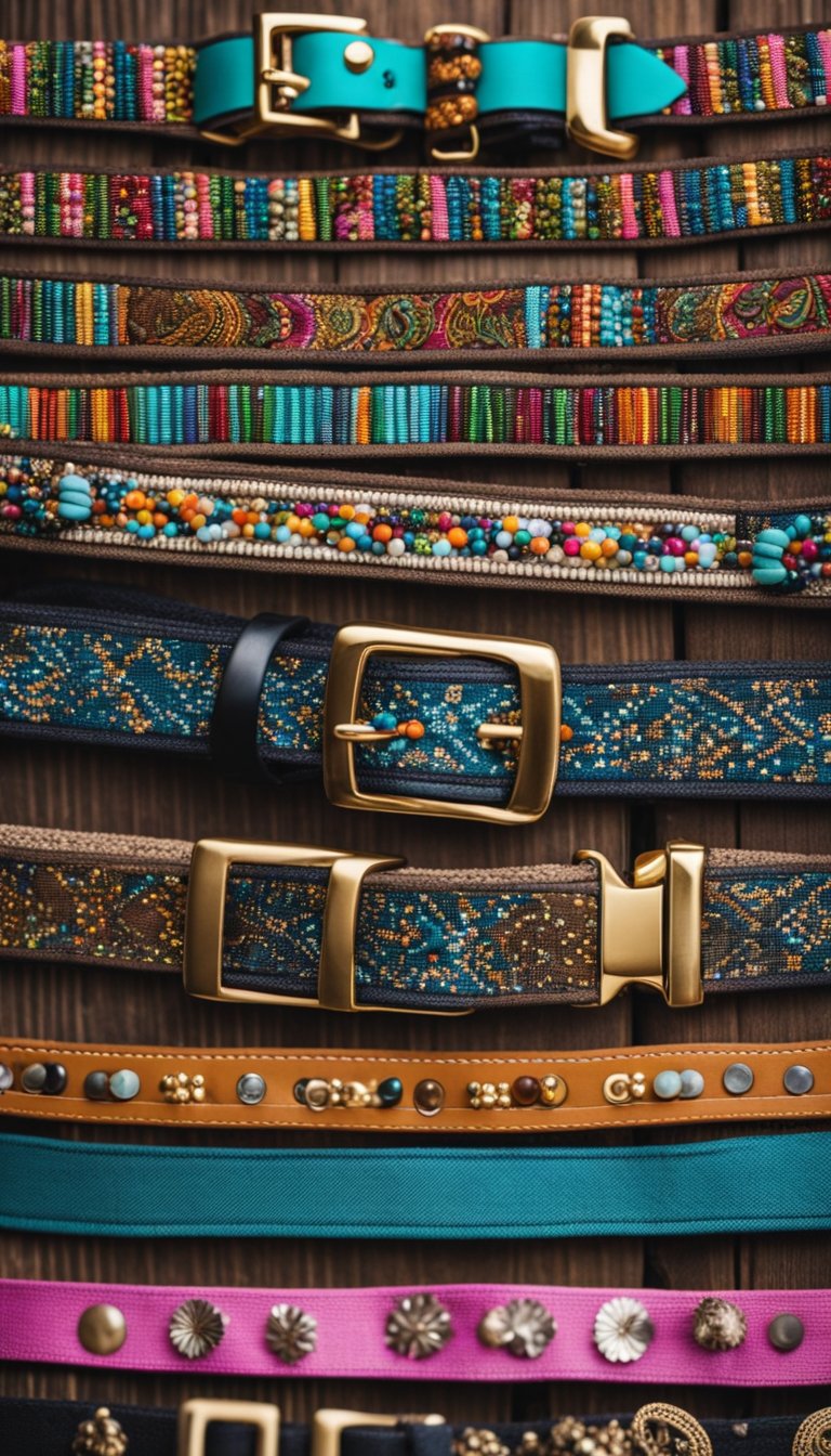 A colorful array of Boho Chic Collar 71 Personalized DIY Cat Collars displayed on a rustic wooden table with vibrant fabrics and beads scattered around