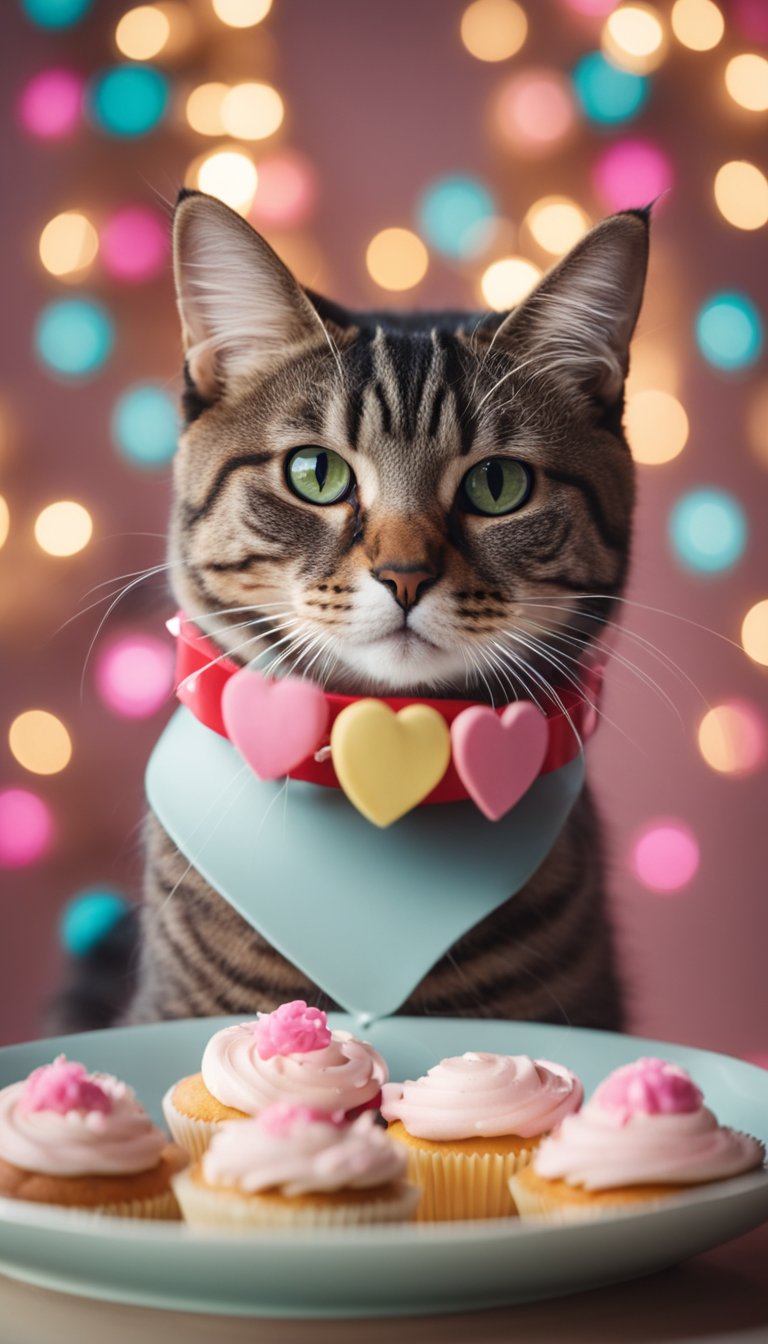 A cat wearing a personalized DIY collar adorned with hearts and cupcakes