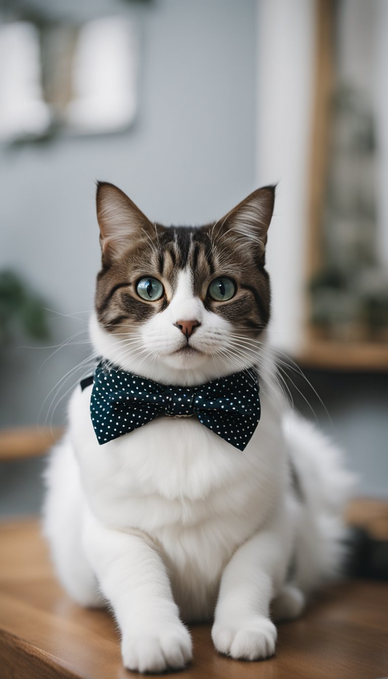 A cat with a personalized DIY collar, featuring a polka dot bow, sits calmly, showcasing the collar