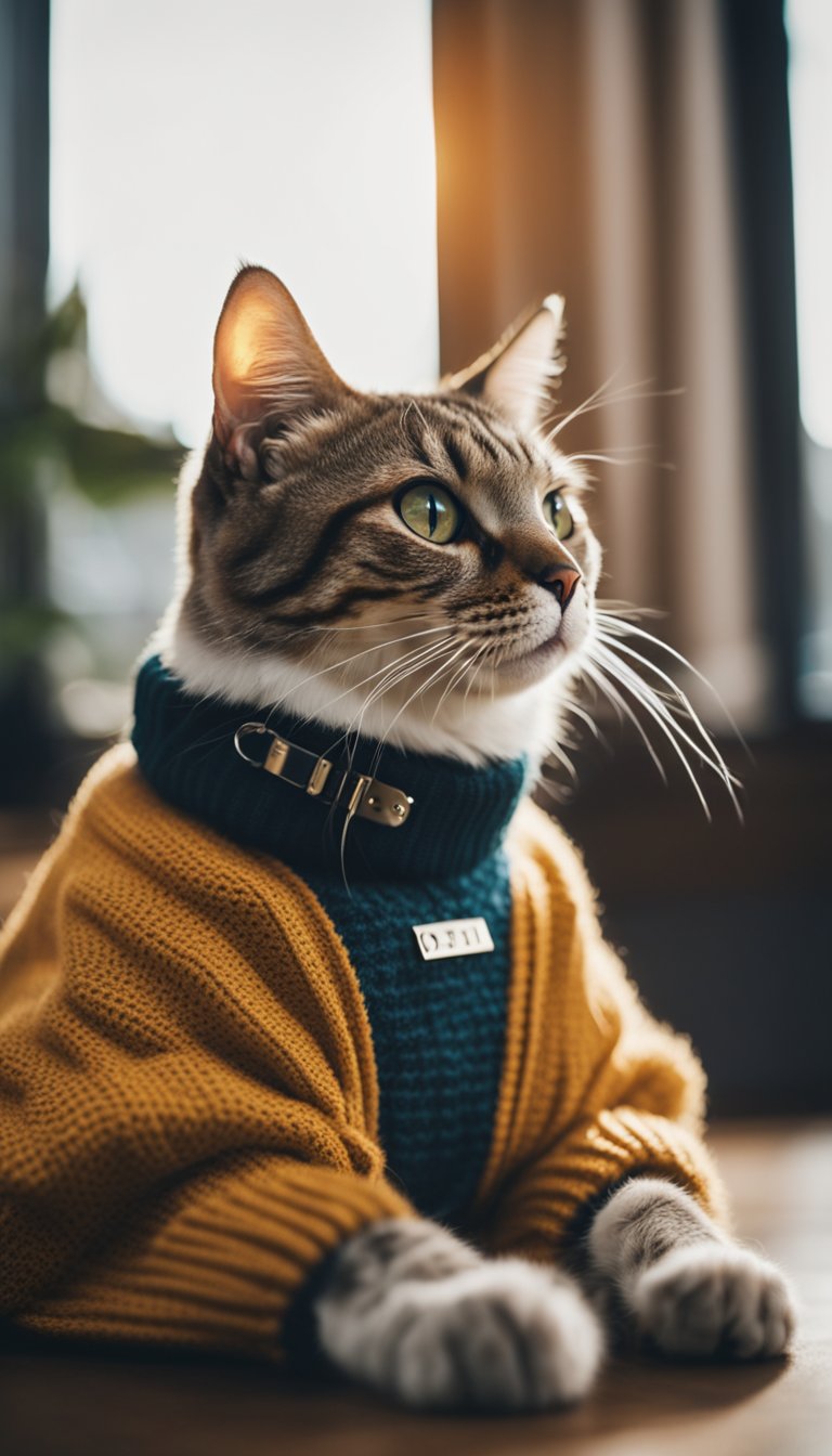 A cat wearing a cozy sweater with a personalized DIY collar, collar number 71, sitting comfortably in a warm and inviting setting