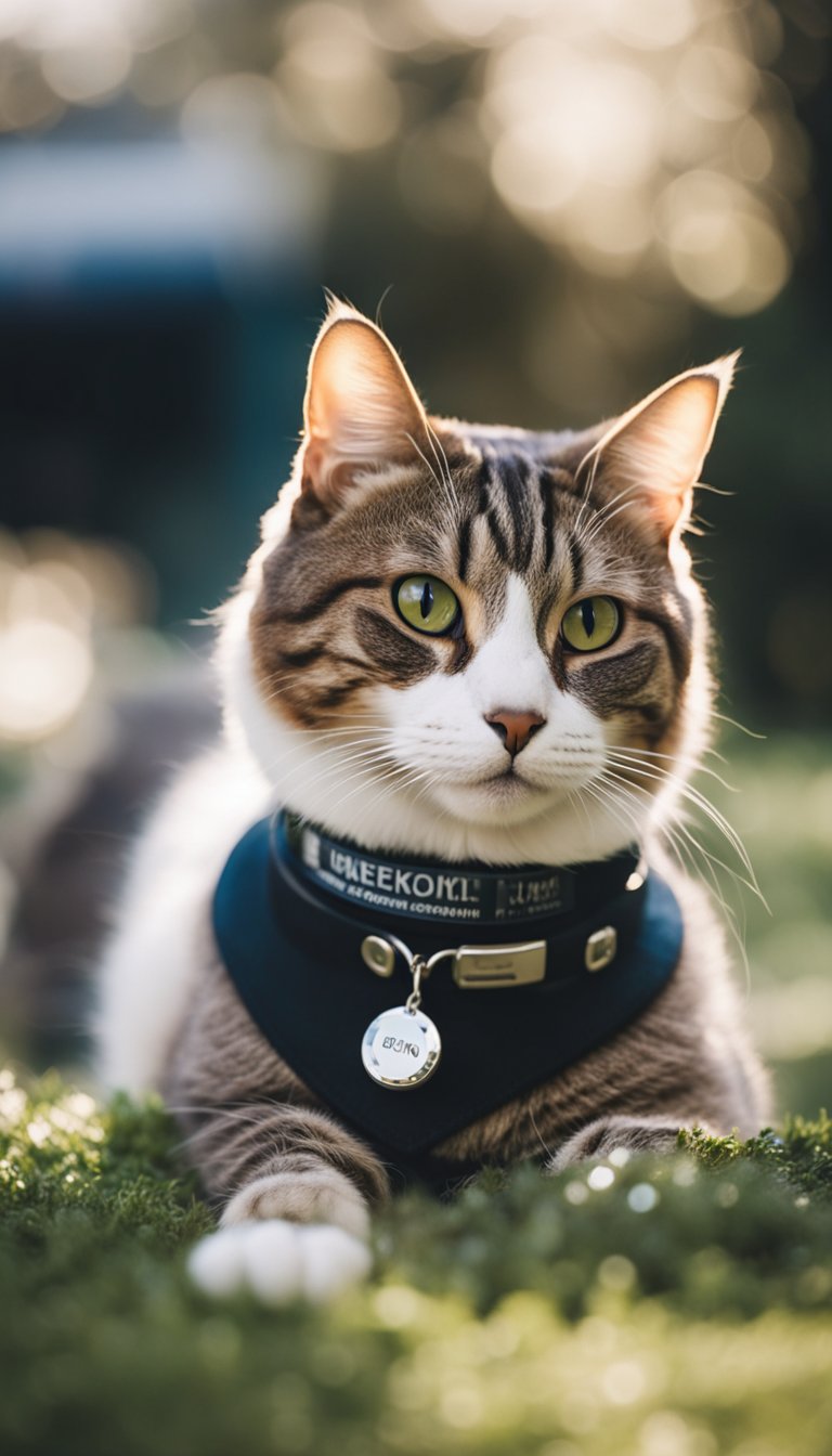 A cat wearing a personalized DIY collar with its name and owner's contact information, showcasing safety and style