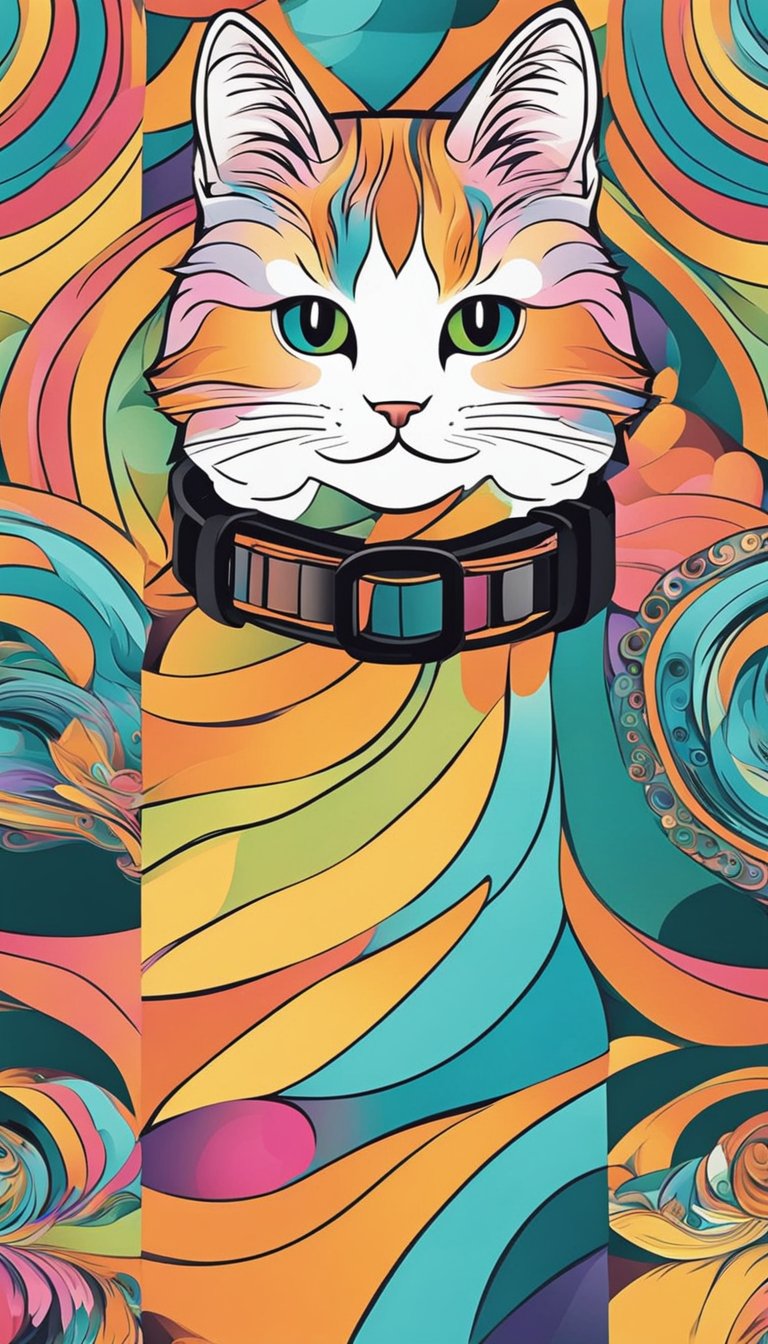 Vibrant colors swirl around a cat collar, with unique patterns and abstract shapes. Personalized details add a touch of individuality