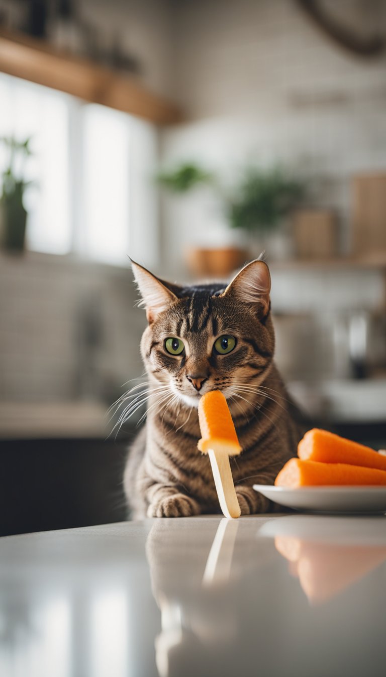 A cat eagerly nibbles on a homemade beef and carrot popsicle treat, placed on a clean, tiled kitchen floor