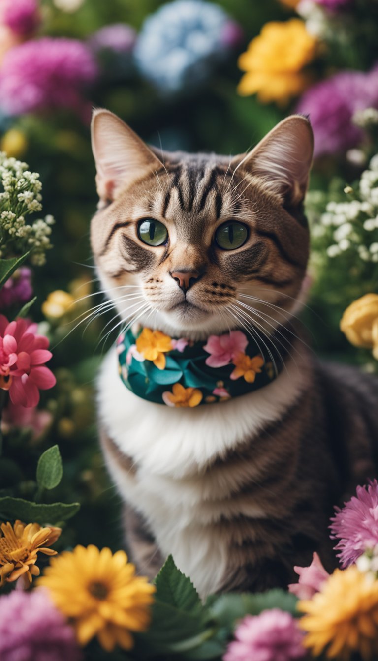 A cat wearing a personalized floral monogram collar, surrounded by colorful flowers and leaves