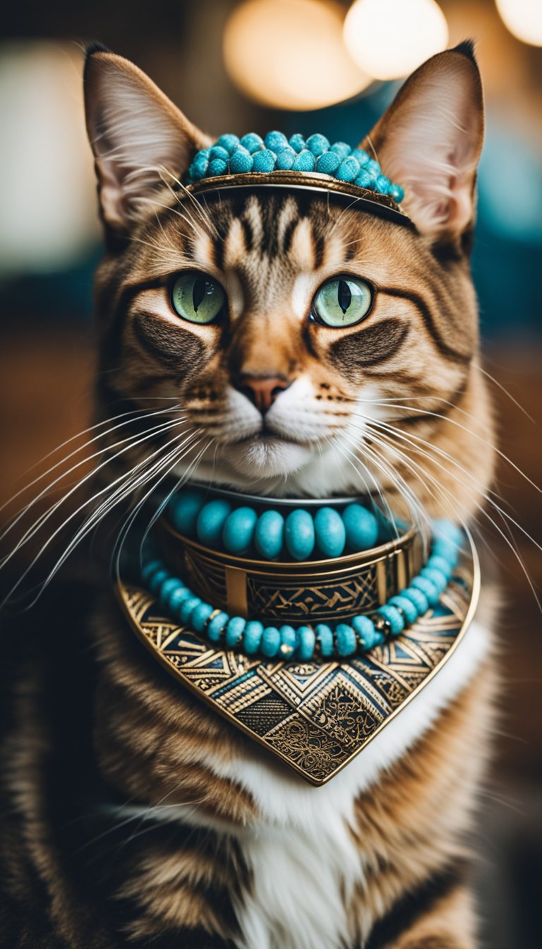 A cat wearing a personalized DIY collar with a tribal pattern design