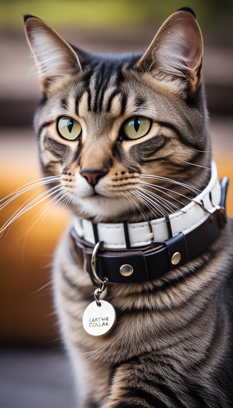 A leather collar with a personalized name tag, surrounded by DIY cat collars in various colors and designs