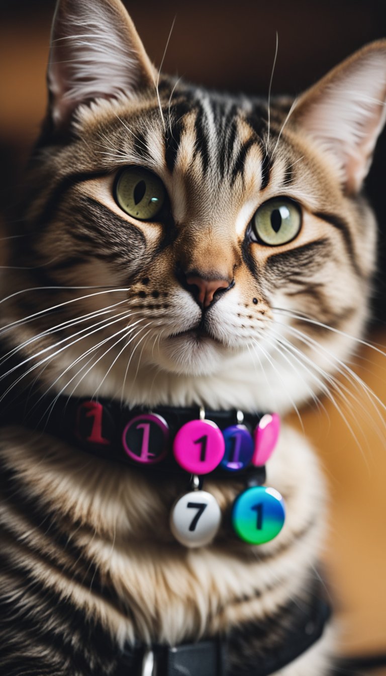 A cat wearing a customized button collar with the number 71, surrounded by personalized DIY cat collars of various colors and designs