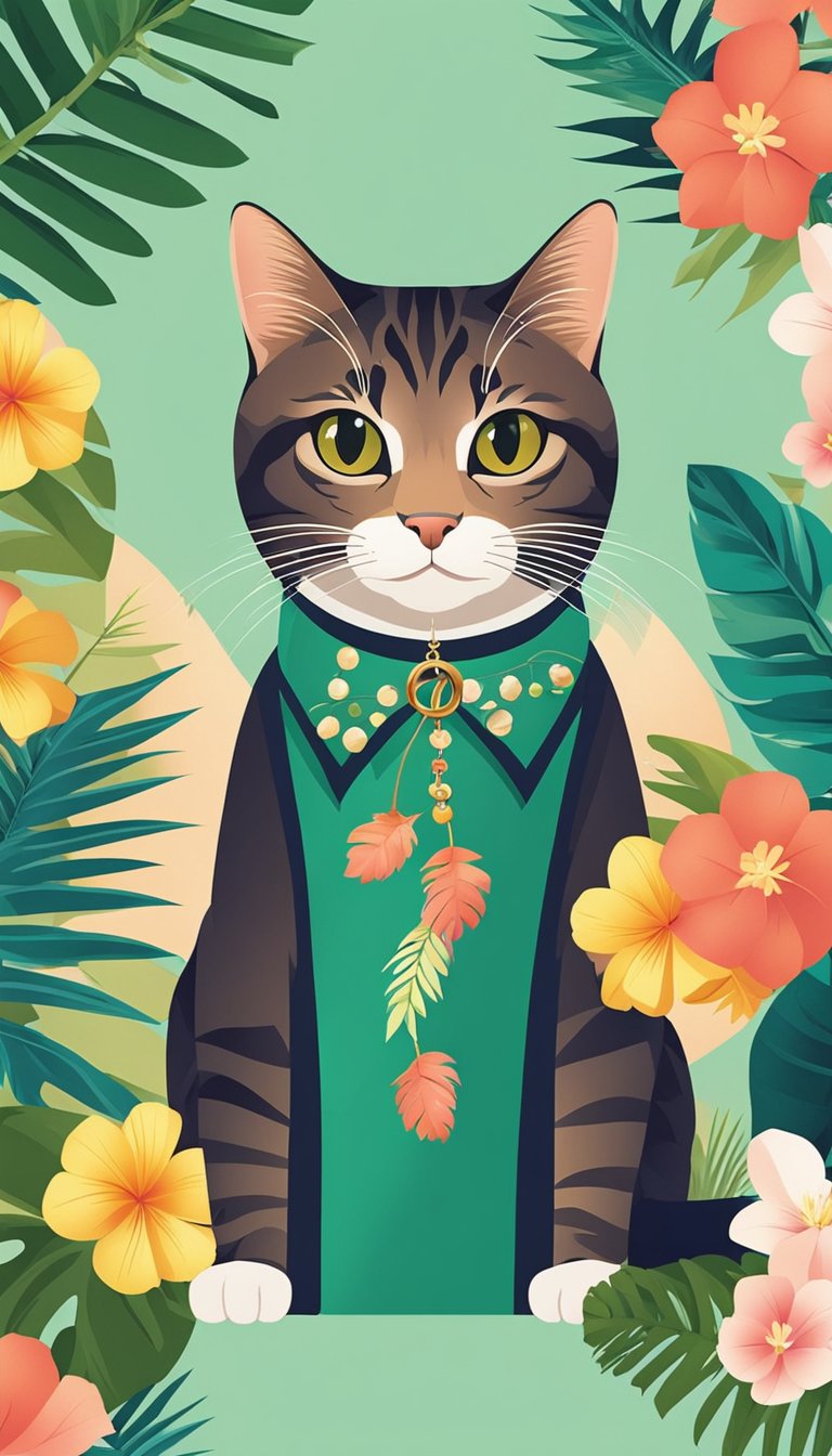 A colorful tropical floral collar encircling a cat's neck, personalized with the number 71, against a vibrant background