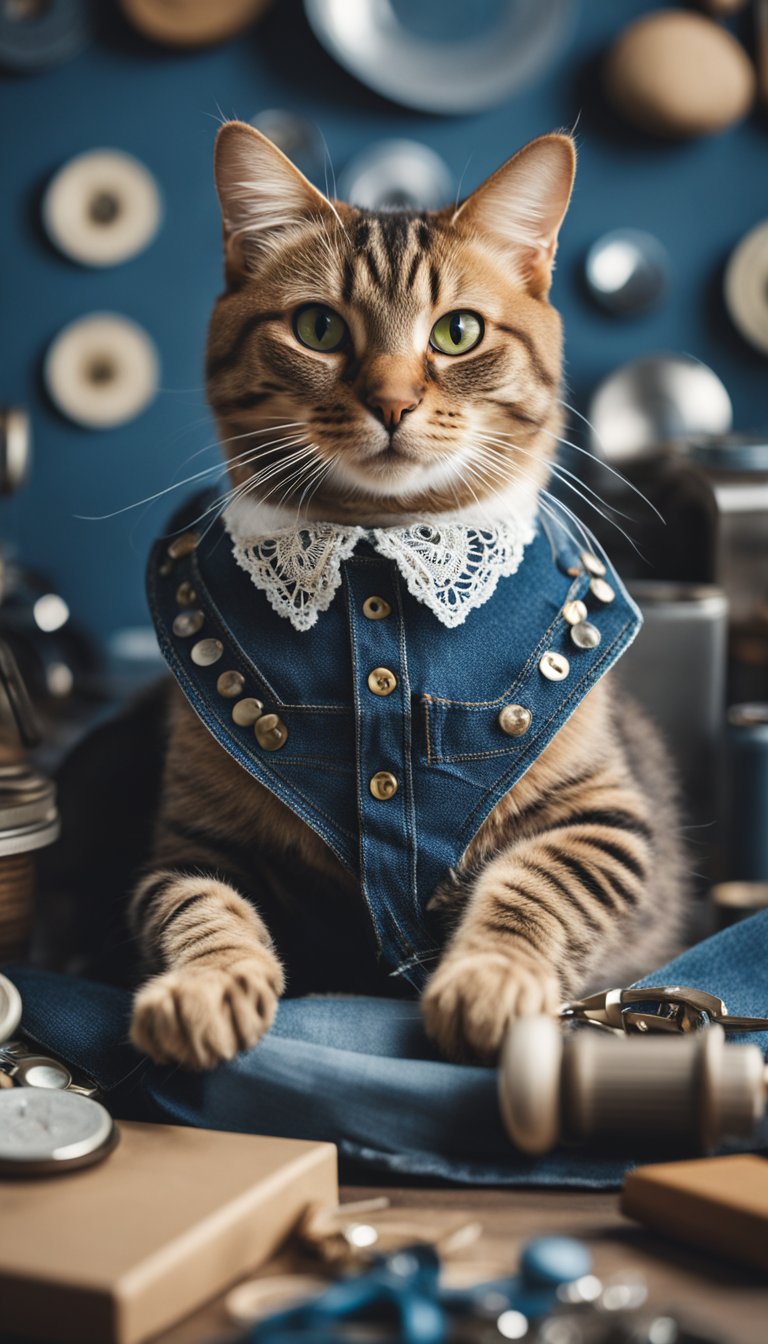 A cat wearing a denim and lace collar with personalized details, surrounded by DIY crafting materials