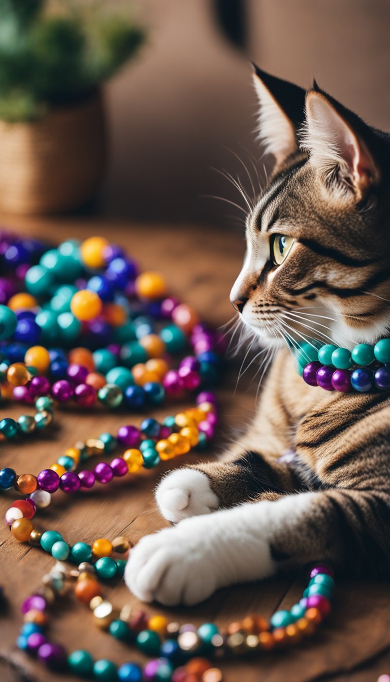 A colorful Bohemian bead collar with personalized DIY cat collars displayed on a wooden table with craft materials scattered around