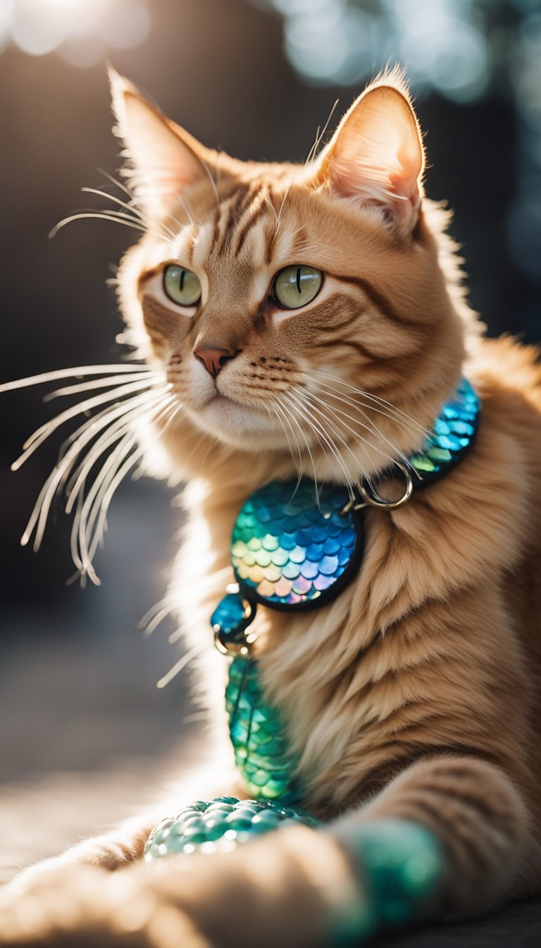 A cat wearing a personalized DIY collar with mermaid scale design, shimmering in the sunlight