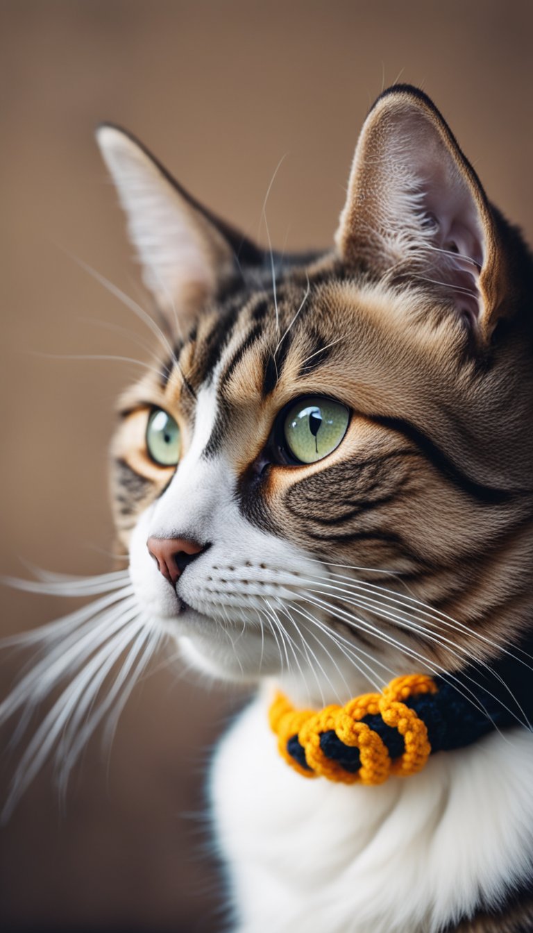 A cat wearing a custom crochet collar with personalized DIY design