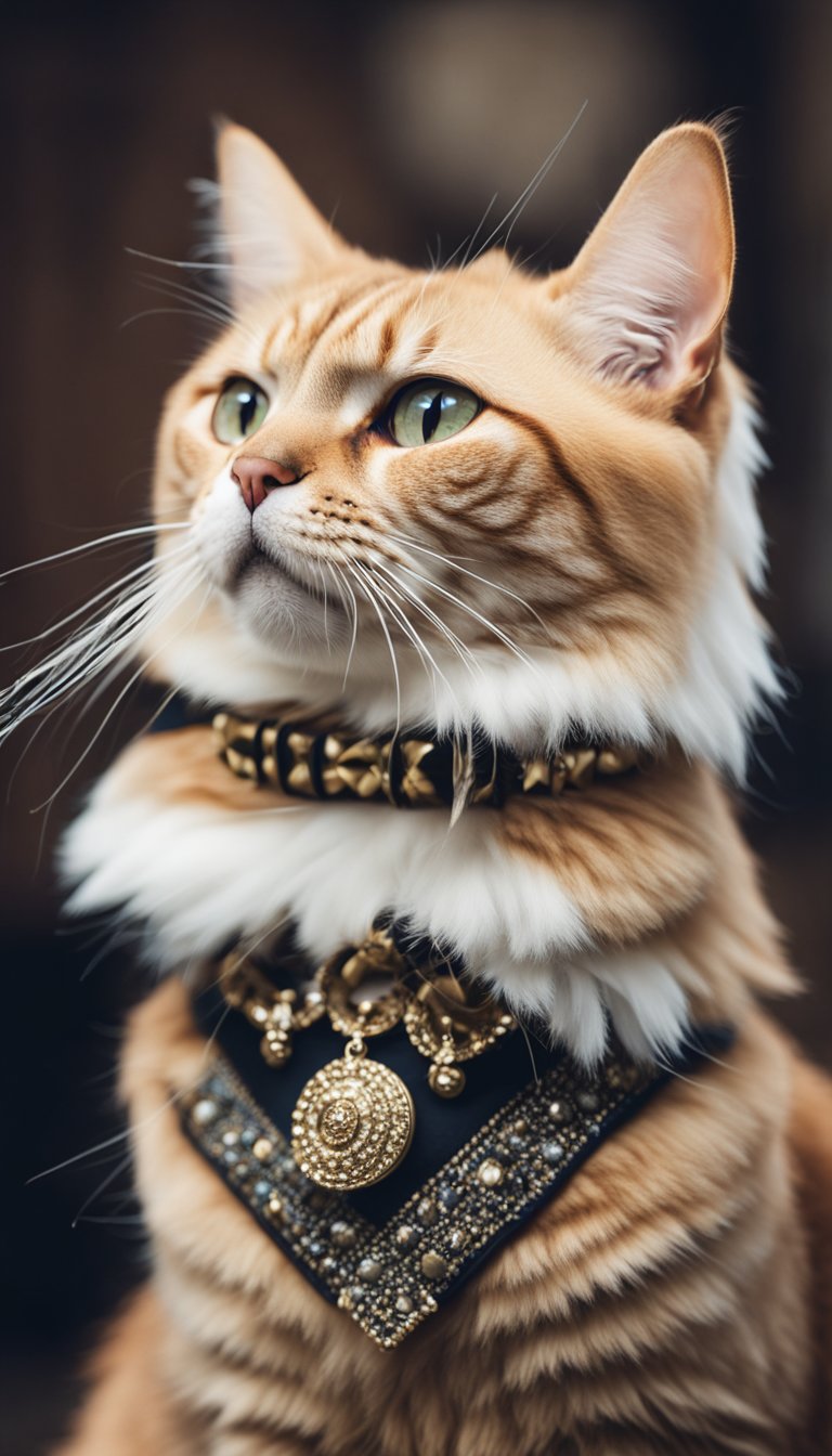 A regal cat wearing a personalized DIY collar adorned with an elegant feather collar 71, standing proudly with its head held high