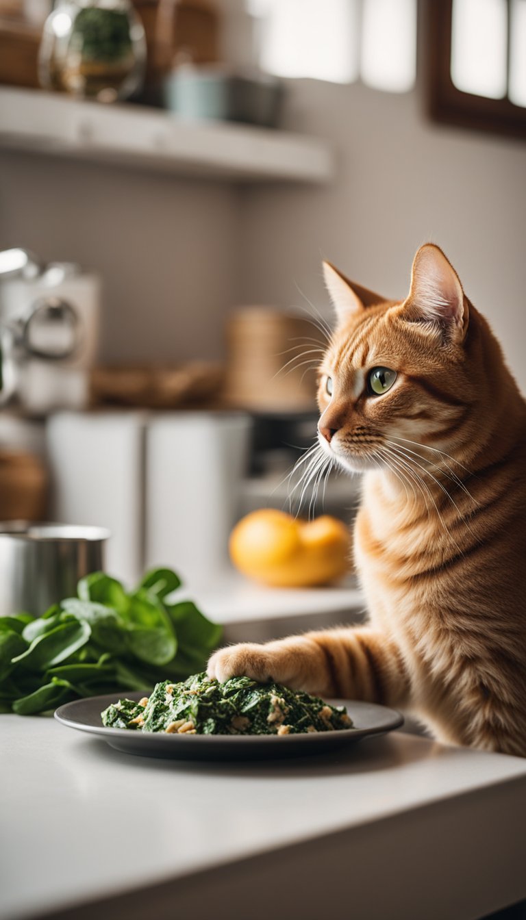 A cat eagerly munches on homemade tuna and spinach squares in a cozy kitchen setting